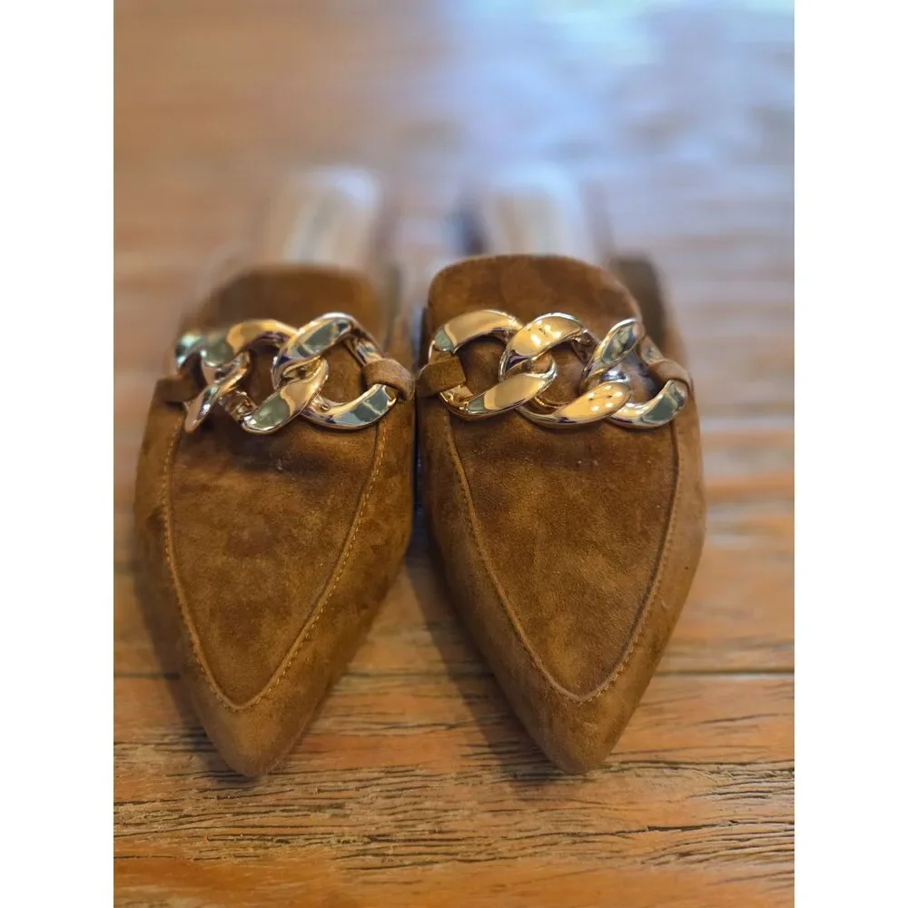 Steve Madden tan micro-suede mules, gold chain accent, size 7M